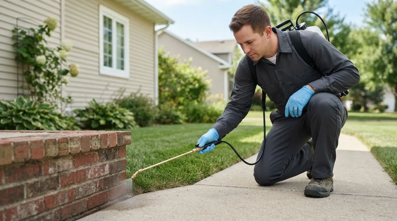 Pest control technician treating a home near Elsie, MI