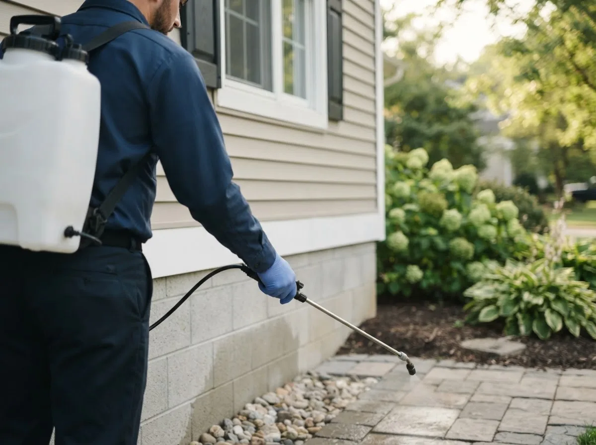 Pest control technician inspecting a home in Elsie, MI